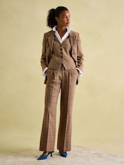 Joules Foxley Check Brown Wide Leg Tweed Trousers - Image 3 of 7