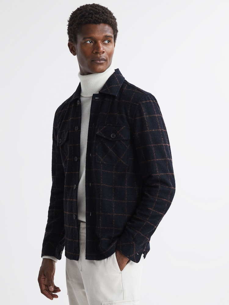 Reiss Navy Pearce Brushed Wool Check Overshirt - Image 1 of 5