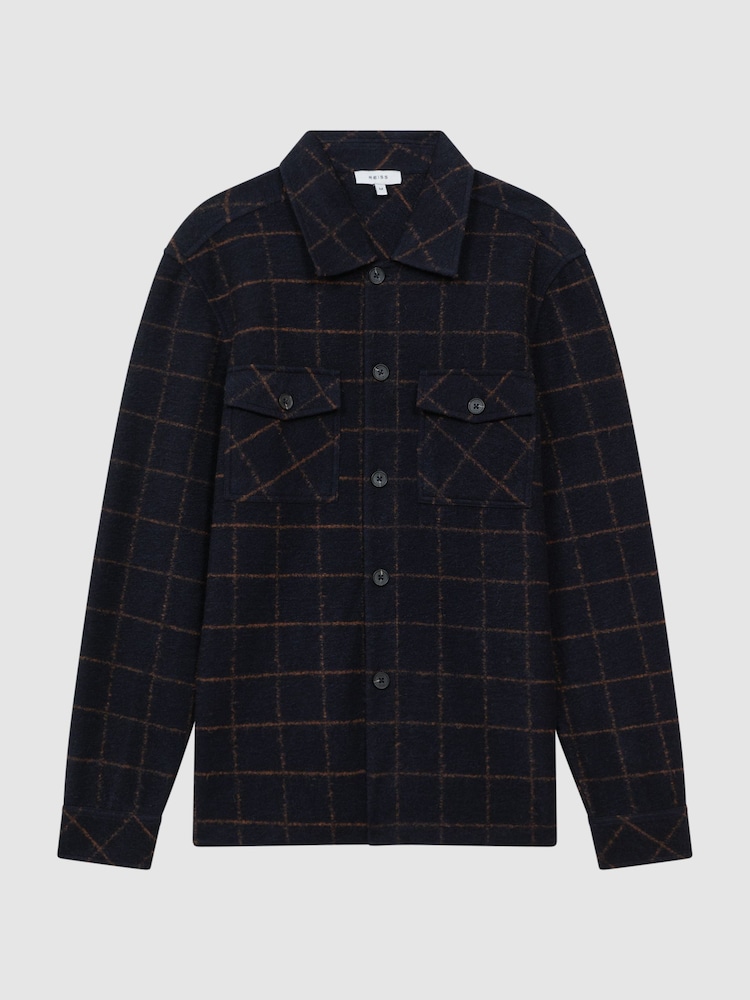 Reiss Navy Pearce Brushed Wool Check Overshirt - Image 2 of 5