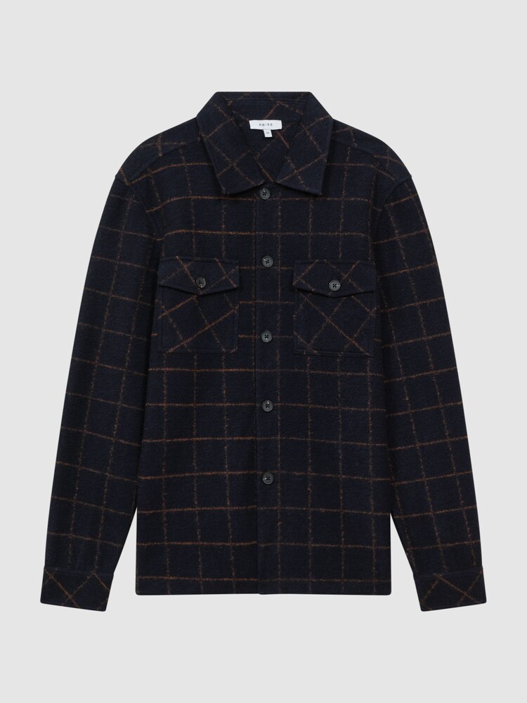 Reiss Navy Pearce Brushed Wool Check Overshirt - Image 2 of 5 Reiss Navy Pearce Brushed Wool Check Overshirt - Image 2 of 5