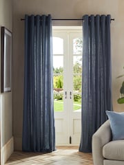 Blue Washed Cotton Linen Eyelet Lined Curtains - Image 1 of 6