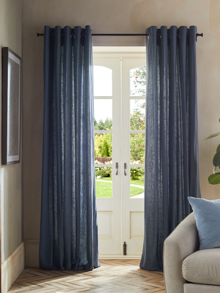 Blue Washed Cotton Linen Eyelet Lined Curtains - Image 1 of 6