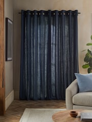 Blue Washed Cotton Linen Eyelet Lined Curtains - Image 2 of 6