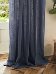 Blue Washed Cotton Linen Eyelet Lined Curtains - Image 3 of 6