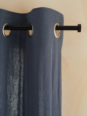 Blue Washed Cotton Linen Eyelet Lined Curtains - Image 4 of 6