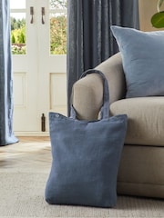 Blue Washed Cotton Linen Eyelet Lined Curtains - Image 5 of 6