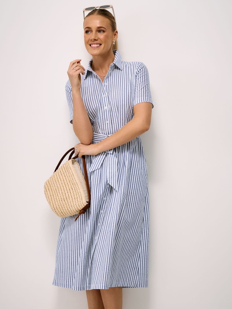 Crew Clothing Blue Fearne Cotton Seersucker Midi Shirt Dress - Image 1 of 5