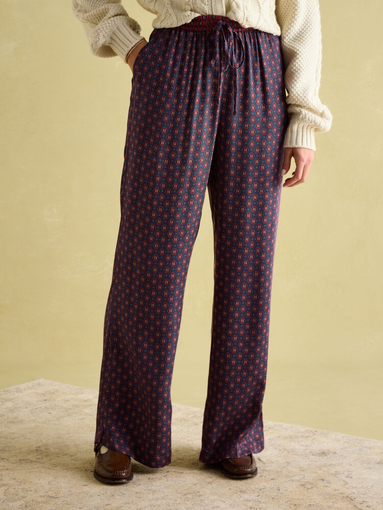 Joules Red & Navy Satin Wide Leg Trousers - Image 1 of 8 Joules Red & Navy Satin Wide Leg Trousers - Image 1 of 8