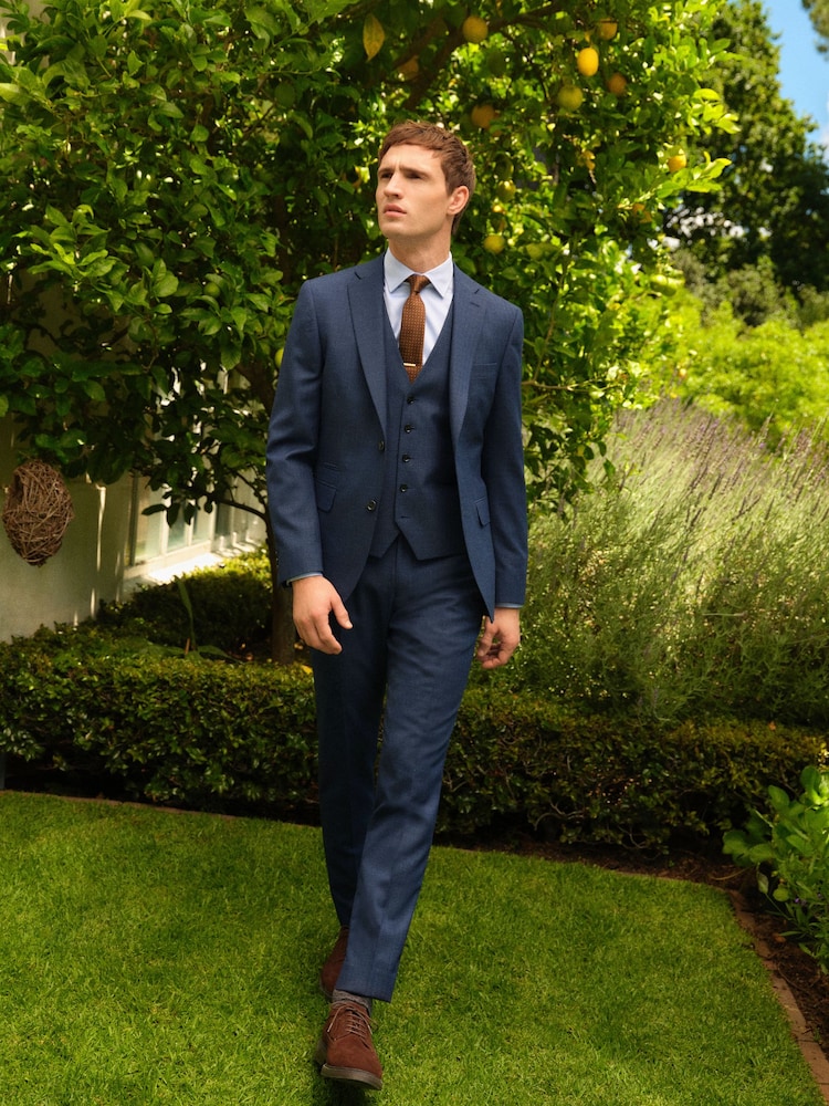 Blue Slim Fit Textured Wool Suit Jacket - Image 2 of 11