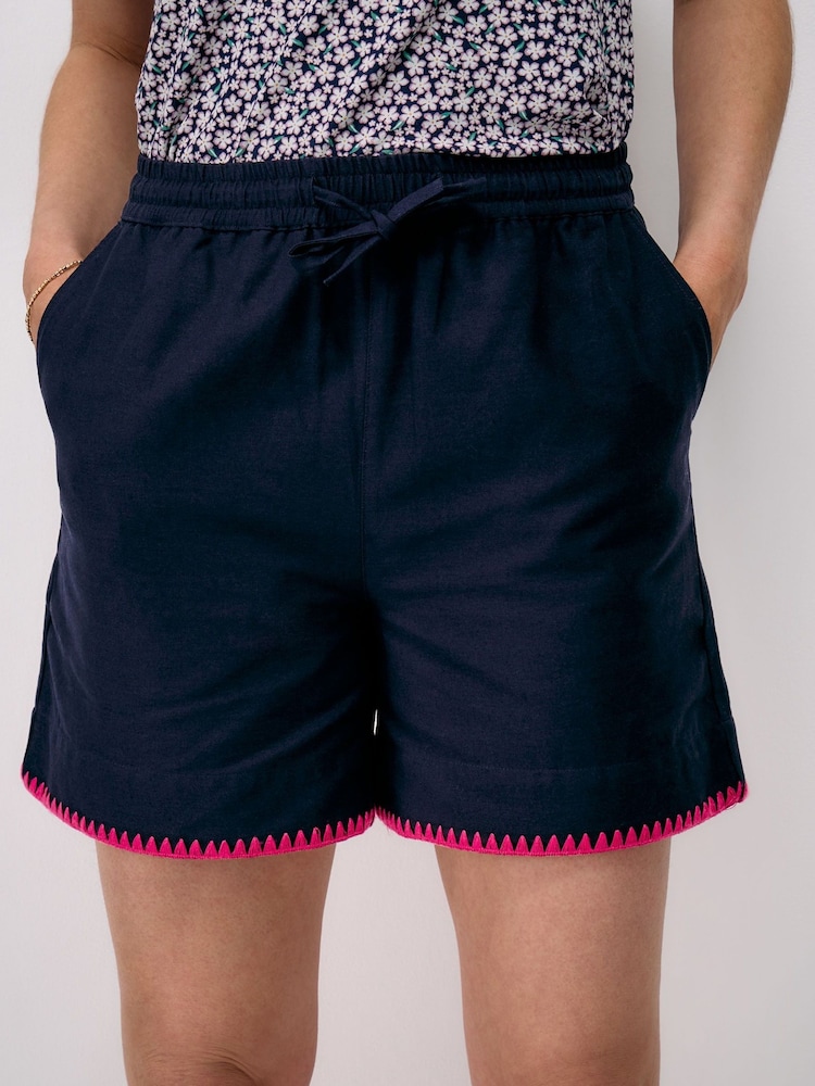 Crew Clothing Blue Cotton Linen Blend Edge Stitch Shorts - Image 1 of 5 Crew Clothing Blue Cotton Linen Blend Edge Stitch Shorts - Image 1 of 5