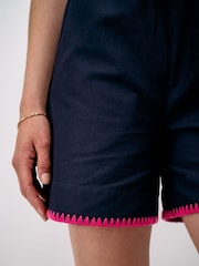 Crew Clothing Blue Cotton Linen Blend Edge Stitch Shorts - Image 4 of 5