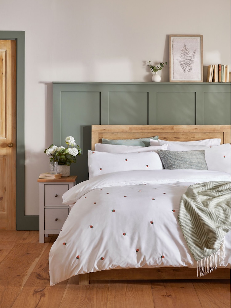 White With Strawberries Embroidered Duvet Cover and Pillowcase Set - Image 1 of 7