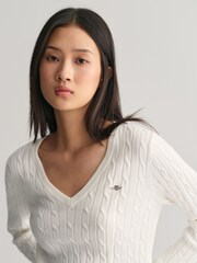 GANT Light Cream Stretch Cotton Cable Knit Jumper - Image 4 of 5