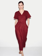 Jigsaw Red Linen Pintuck Waist Dress - Image 2 of 5