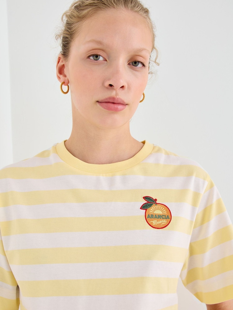 Oliver Bonas Orange Yellow & White Striped Orange Embroiderd T-Shirt - Image 1 of 8