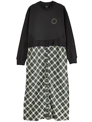 Schwarz Khaki kariert - Kariertes Kleid mit Sweatshirt-Lage und Grafik - Bild 5 von 6