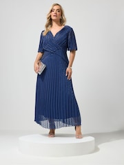 Yours Curve Blue London Metallic Pleated Wrap Dress - Image 1 of 5