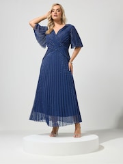 Yours Curve Blue London Metallic Pleated Wrap Dress - Image 2 of 5