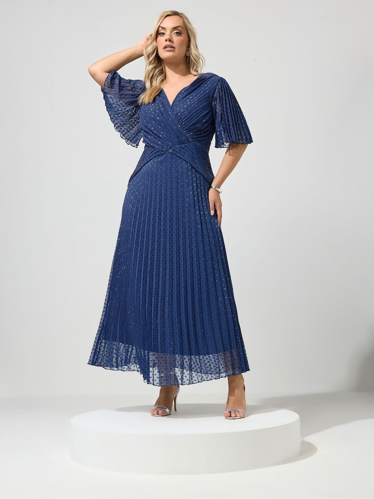 Yours Curve Blue London Metallic Pleated Wrap Dress - Image 2 of 5 Yours Curve Blue London Metallic Pleated Wrap Dress - Image 2 of 5
