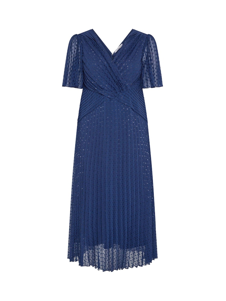 Yours Curve Blue London Metallic Pleated Wrap Dress - Image 5 of 5 Yours Curve Blue London Metallic Pleated Wrap Dress - Image 5 of 5