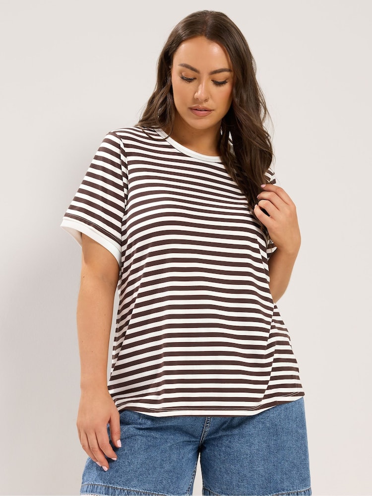 Yours Curve Brown Contrast Sleeve Top - Image 1 of 5 Yours Curve Brown Contrast Sleeve Top - Image 1 of 5