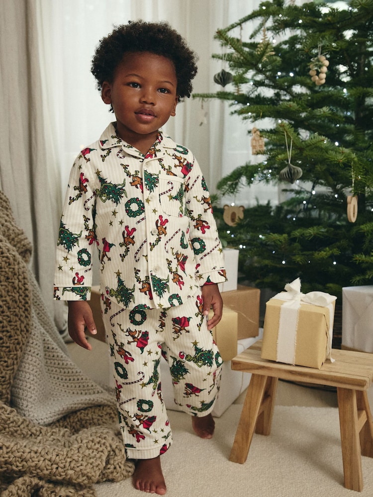 Green/Ecru Cream Grinch Single Button Through 100% Cotton Christmas Pyjamas (9mths-12yrs) - Image 1 of 3