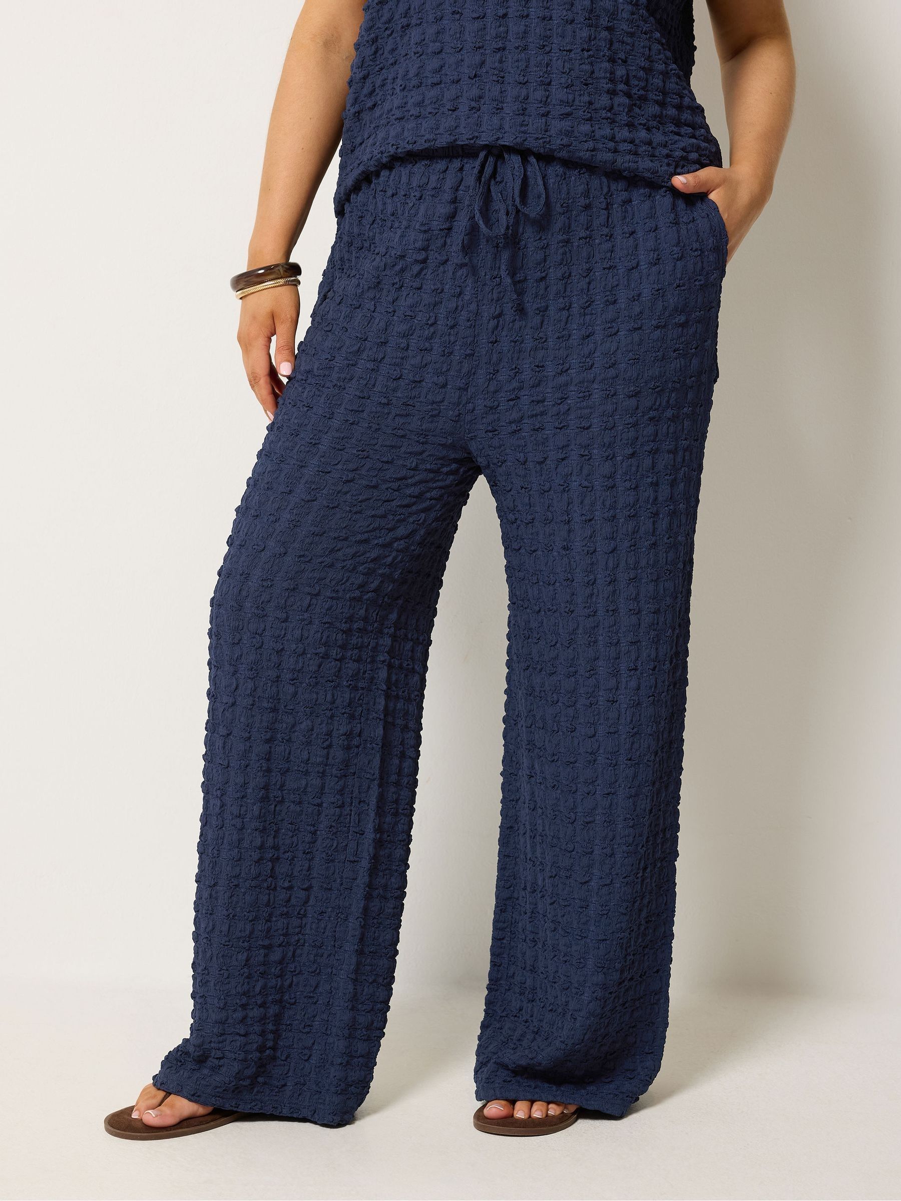 Yours Curve Women's Blue Bubble Textured Wide Leg Trousers