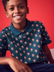Navy Reindeer Short Sleeve All Over Print Polo Shirt (3-16yrs) - Image 1 of 6