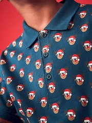 Navy Reindeer Short Sleeve All Over Print Polo Shirt (3-16yrs) - Image 3 of 6