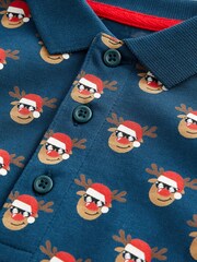 Navy Reindeer Short Sleeve All Over Print Polo Shirt (3-16yrs) - Image 6 of 6