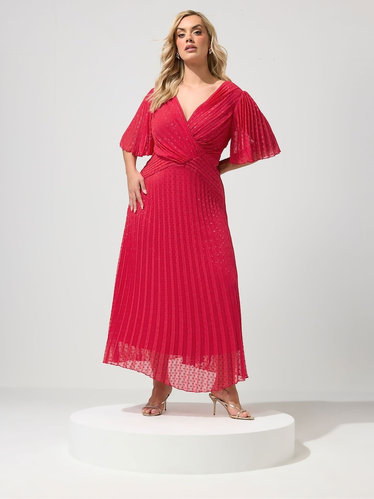 Yours Curve Red London Metallic Pleated Wrap Dress - Image 1 of 5 Yours Curve Red London Metallic Pleated Wrap Dress - Image 1 of 5