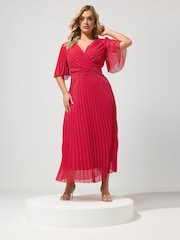 Yours Curve Red London Metallic Pleated Wrap Dress - Image 2 of 5