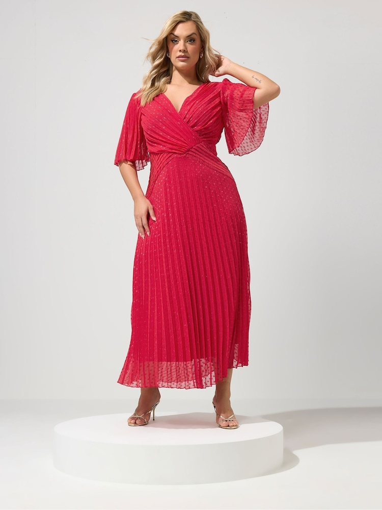 Yours Curve Red London Metallic Pleated Wrap Dress - Image 2 of 5 Yours Curve Red London Metallic Pleated Wrap Dress - Image 2 of 5