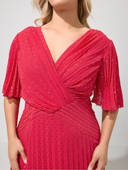 Yours Curve Red London Metallic Pleated Wrap Dress - Image 4 of 5