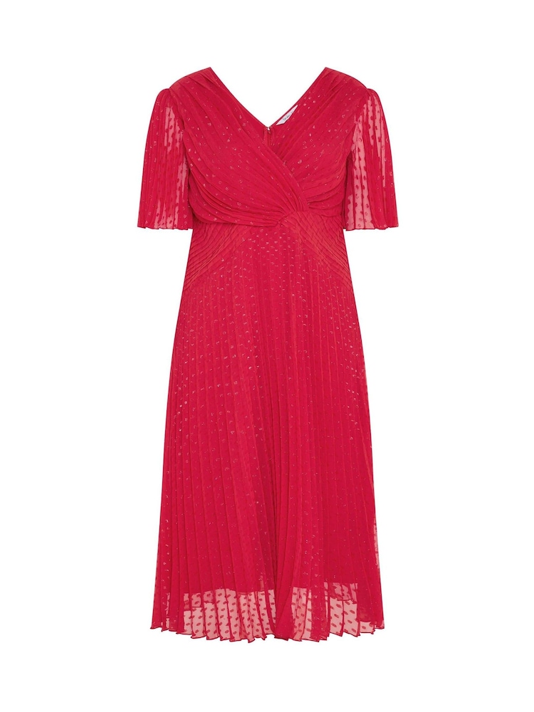 Yours Curve Red London Metallic Pleated Wrap Dress - Image 5 of 5 Yours Curve Red London Metallic Pleated Wrap Dress - Image 5 of 5