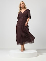 Yours Curve Brown London Metallic Pleated Wrap Dress - Image 1 of 5