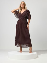 Yours Curve Brown London Metallic Pleated Wrap Dress - Image 2 of 5