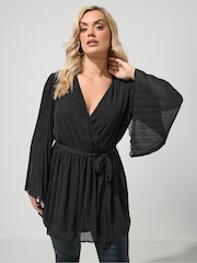Yours Curve Black London Pleated Sleeve Wrap Top - Image 1 of 4