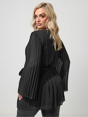 Yours Curve Black London Pleated Sleeve Wrap Top - Image 2 of 4
