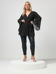 Yours Curve Black London Pleated Sleeve Wrap Top - Image 3 of 4