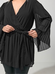 Yours Curve Black London Pleated Sleeve Wrap Top - Image 4 of 4