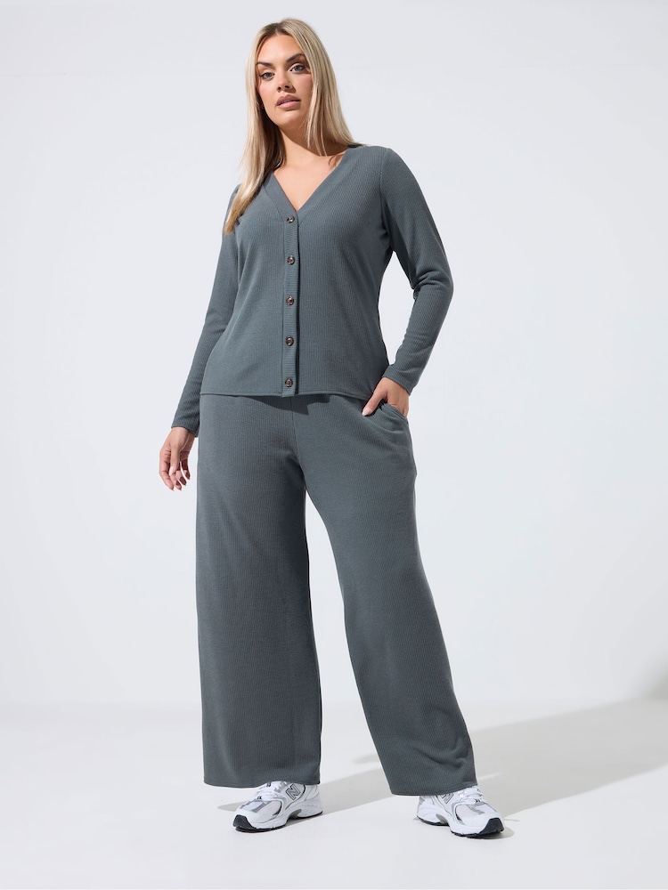 Yours Curve Grey Limited Crinkle Ribbed Wide Leg Trousers - Image 2 of 6 Yours Curve Grey Limited Crinkle Ribbed Wide Leg Trousers - Image 2 of 6