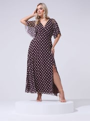 Yours Curve Chocolate Brown Polka Dot London Petite Wrap Dress - Image 1 of 5