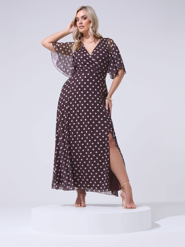 Yours Curve Chocolate Brown Polka Dot London Petite Wrap Dress - Image 1 of 5