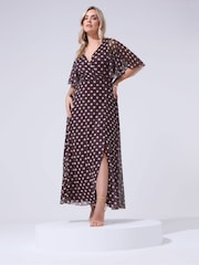 Yours Curve Chocolate Brown Polka Dot London Petite Wrap Dress - Image 2 of 5