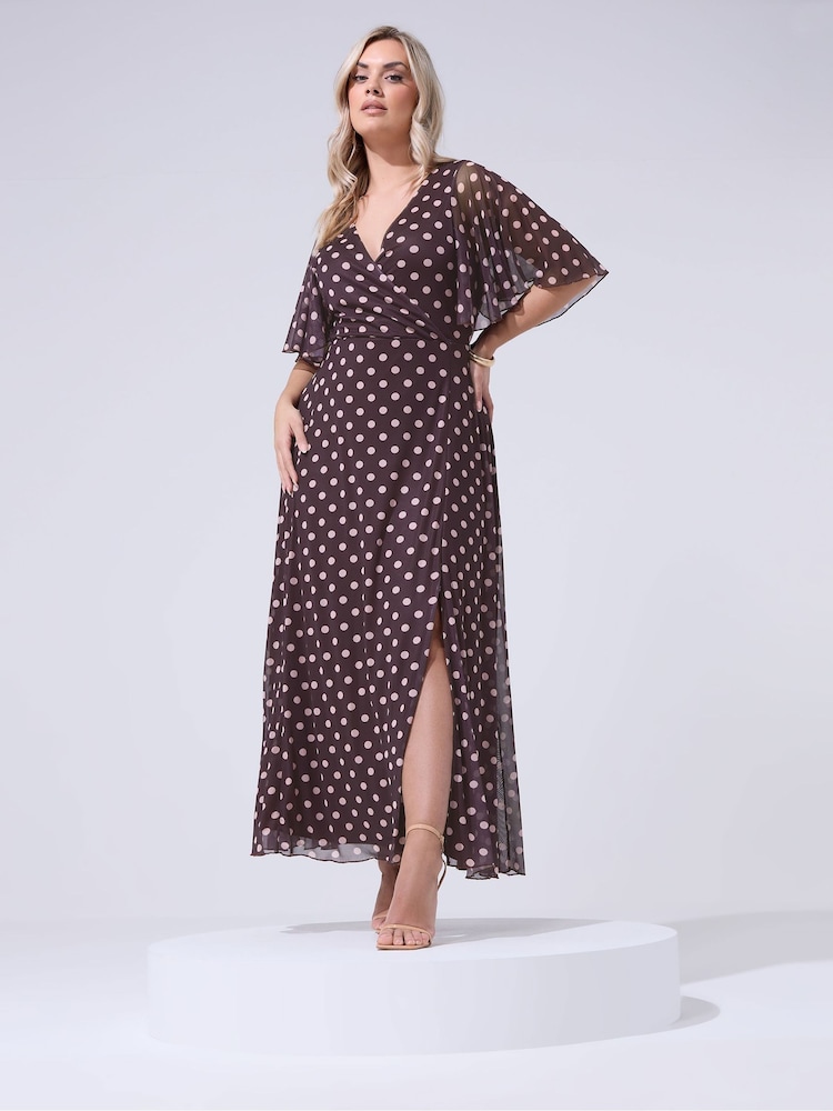 Yours Curve Chocolate Brown Polka Dot London Petite Wrap Dress - Image 2 of 5