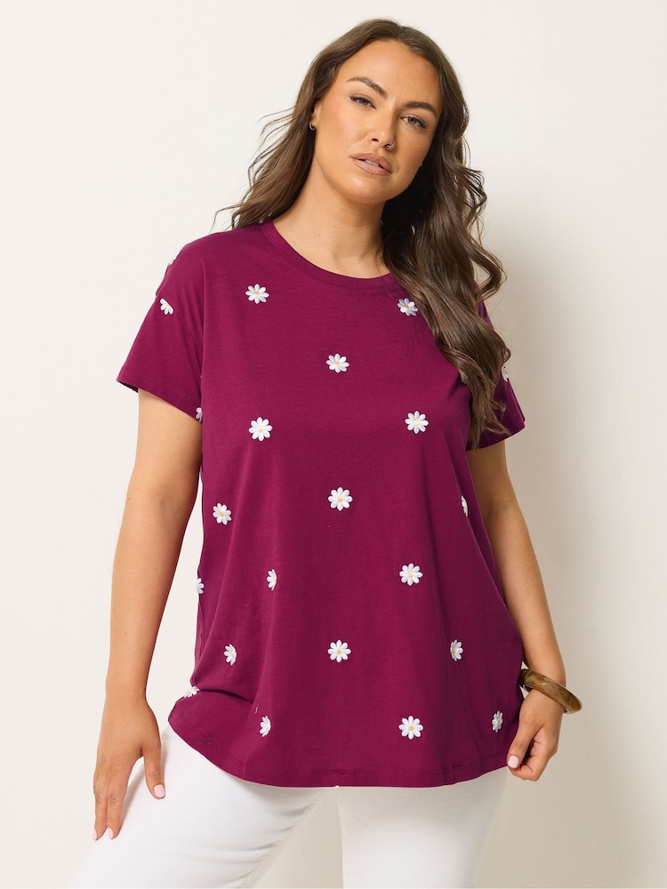 Yours Curve Pink Embroidered T-Shirt - Image 1 of 5