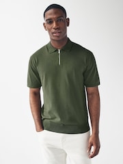 Green Knitted Regular Fit Zip Polo Shirt - Image 3 of 7