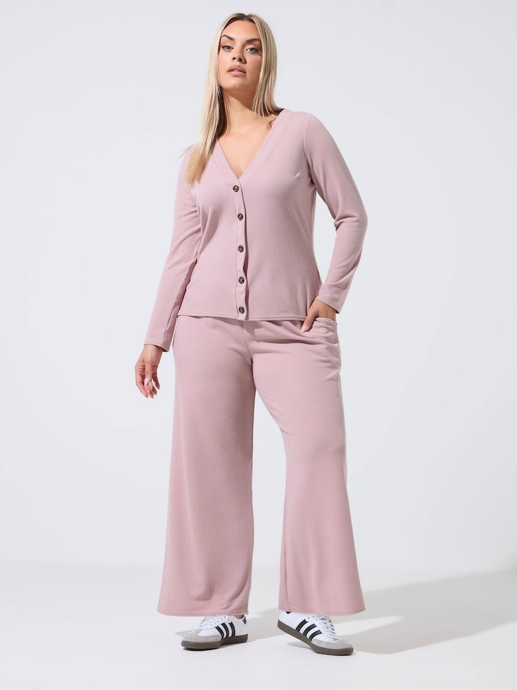 Yours Curve Pink Limited Crinkle Ribbed Wide Leg Trousers - Image 1 of 6 Yours Curve Pink Limited Crinkle Ribbed Wide Leg Trousers - Image 1 of 6