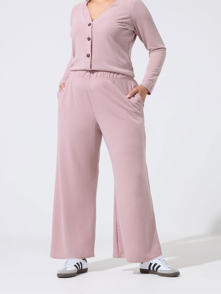 Yours Curve Pink Limited Crinkle Ribbed Wide Leg Trousers - Image 2 of 6 Yours Curve Pink Limited Crinkle Ribbed Wide Leg Trousers - Image 2 of 6